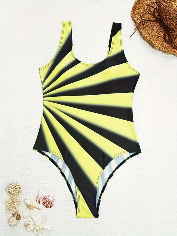 Women's All Over Striped Print Backless One-piece Swimsuit, Casual Boho Sleeveless Swimwear for Summer, Ladies Swimsuit for Beach Holiday Vacation