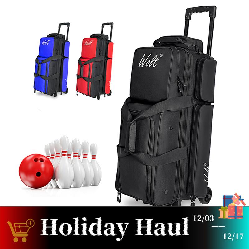 WOLT | 3 Ball Bowling Bags with Wheels,3 Ball Bowling Bag with Separate Shoe Compartment,Ultra-large Capacity Bowling Ball Bag with Accessory Pocket, Retractable Handle extends to 38’’