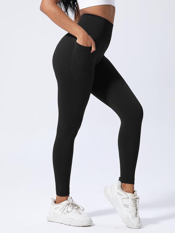 Women's Solid Color High Waist Pocket Sports Leggings, Casual Comfy Breathable Skinny Pants for Yoga Gym Workout Running, Ladies Sportswear for All Seasons