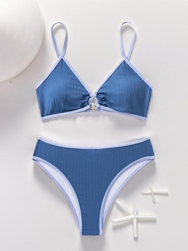 2 Pieces Two-Piece Set Women's Plain Contrast Binding Summer Bikini Set, Summer Clothes Women, O-ring Decor Ruched Swim Top & High Cut Swim Bottom Two-piece Swimsuit, Bathing Suits, Swimsuit Sets Bathing Suits 2024 for Women Summer Tummy Control Swimwear