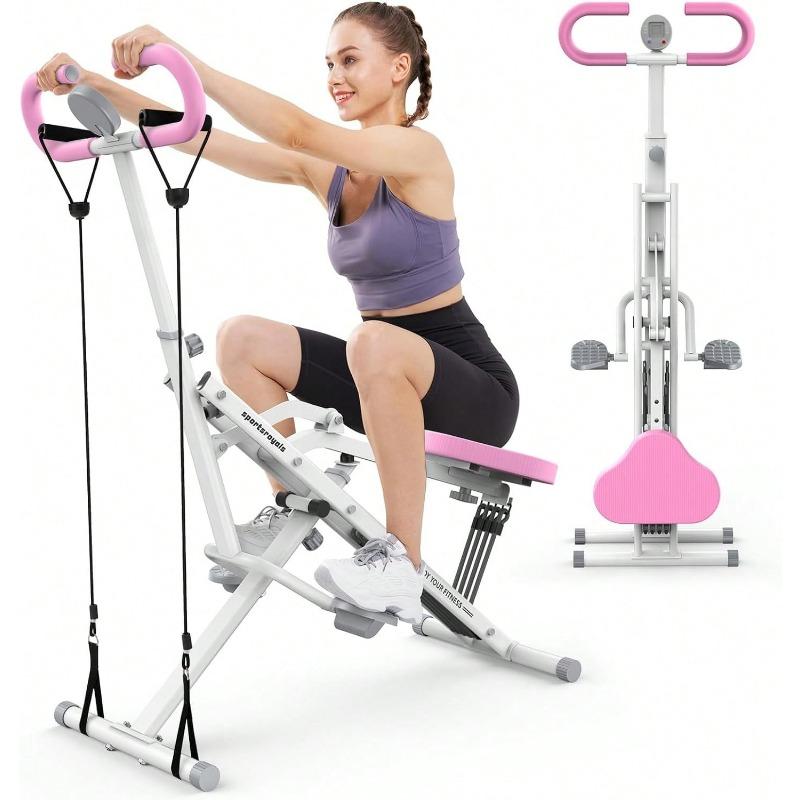 (BIACK FRIDAY)Pink Squat Machine For Home, Rodeo Core Exercise Machine, 330lbs Foldable, Adjustable 4 Resistance Bands, Ride & Rowing Machine For Botty Glutes Butt Thighs, Ab Back Leg Press Hip Thrust