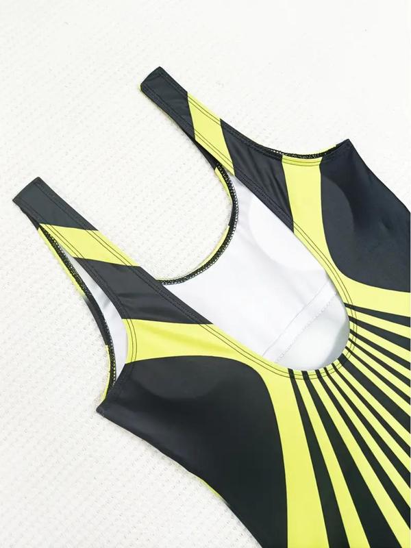 Women's All Over Striped Print Backless One-piece Swimsuit, Casual Boho Sleeveless Swimwear for Summer, Ladies Swimsuit for Beach Holiday Vacation