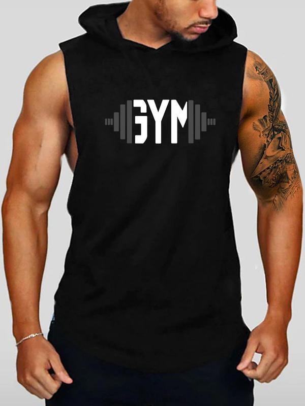 Men's Letter Print Hooded Tank Top for Spring, Summer Clothes Regular Fit Sleeveless Top, Casual Summer Clothes for Gym Workout