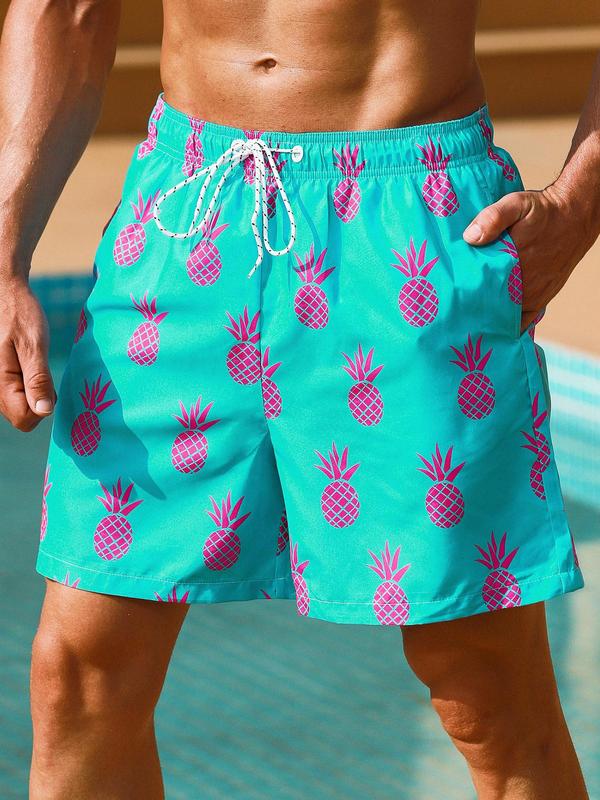 Men Swim Trunks, Men's Tropical Print Drawstring Beach Shorts, Gym Shorts, Regular Fit Casual Pocket Beach Shorts for Holiday Vacation, Shorts for The Summer, Men's Street Wear Shorts, Fashion Men's Swimwear for All Seasons