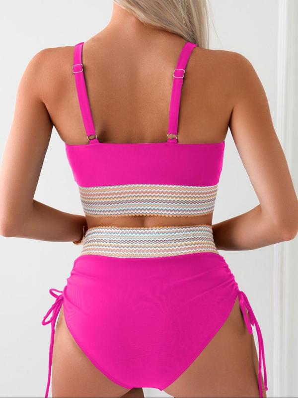 Women's Wave Striped Patchwork Print Bikinis Set, Back To School Adjustable Strap Wireless Bikini Bra & Ruched Drawstring Side High Waist Swim Knicker, Ladies Summer Swimsuit Sets for Beach Holiday, Bathing Suits 2024 for Women