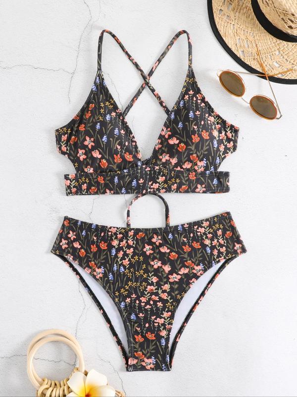 Two-Piece Set Women's Floral Print Criss Cross Bikini Set, Casual Wireless Swim Top & Swim Bottom, Women's Swimsuit for Summer Beach Holiday Vacation