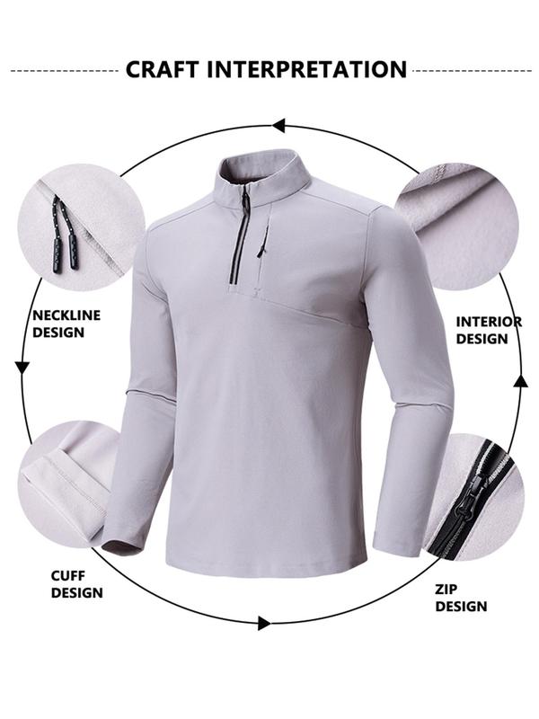 Men's Solid Zip Up Half Placket Sports Tee, Casual Long Sleeve Funnel Neck T-shirt for Fall & Winter, Men's Sportswear for Outdoor Activities