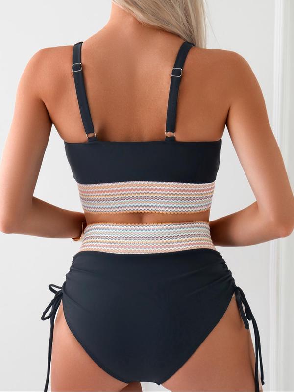 Women's Wave Striped Patchwork Print Bikinis Set, Back To School Adjustable Strap Wireless Bikini Bra & Ruched Drawstring Side High Waist Swim Knicker, Ladies Summer Swimsuit Sets for Beach Holiday, Bathing Suits 2024 for Women