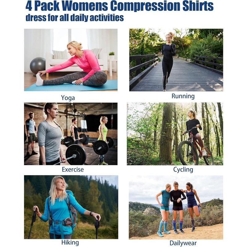 4 Pack Women's Compression Shirt Long Sleeve Performance Workout Baselayer Athletic Top Sports Gear