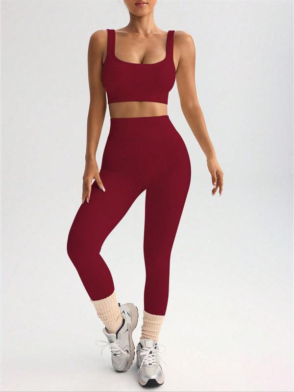 Women's Solid Square Neck Crop Tank Top & High Waist Leggings Sports Set, Sporty Breathable Comfortable Tracksuit Set for Yoga Gym Workout Running, Ladies Sportswear for All Seasons