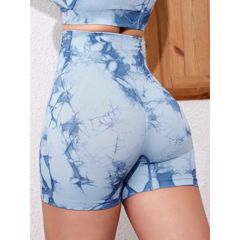 2PCS Tie Dye Butt Lifting Sexy Gym Shorts Woman Skinny Stretch High Waist Sport Shorts Casual Seamless