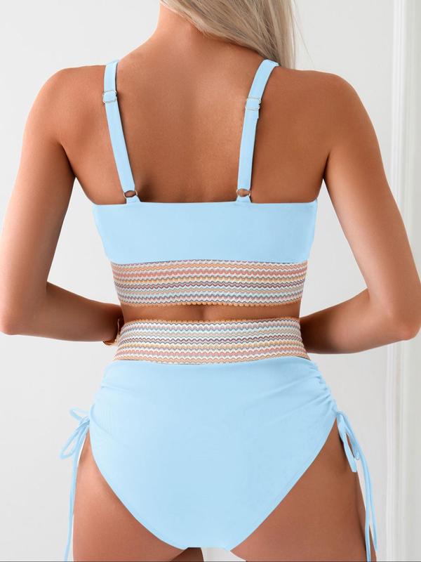 Women's Wave Striped Patchwork Print Bikinis Set, Back To School Adjustable Strap Wireless Bikini Bra & Ruched Drawstring Side High Waist Swim Knicker, Ladies Summer Swimsuit Sets for Beach Holiday, Bathing Suits 2024 for Women