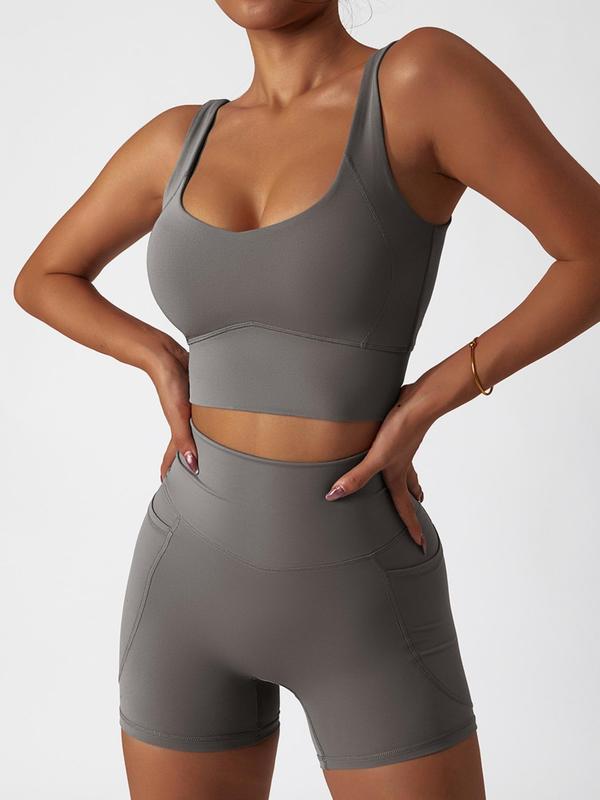 Two-Piece Set Women's Solid Scoop Neck Crop Tank Top & High Waist Shorts Tracksuit Set, Breathable Quick Drying Tight-fitting Top & Pocket Yoga Shorts , Ladies Sportswear for Indoor Outdoor Wear