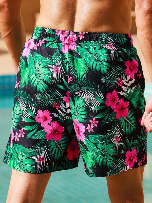 Men Swim Trunks, Men's Tropical Print Drawstring Beach Shorts, Gym Shorts, Regular Fit Casual Pocket Beach Shorts for Holiday Vacation, Shorts for The Summer, Men's Street Wear Shorts, Fashion Men's Swimwear for All Seasons