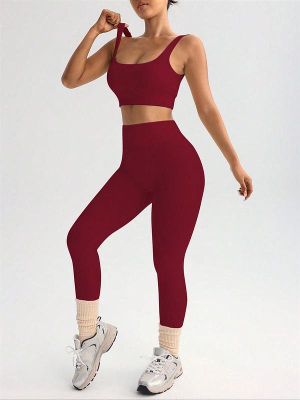 Women's Solid Square Neck Crop Tank Top & High Waist Leggings Sports Set, Sporty Breathable Comfortable Tracksuit Set for Yoga Gym Workout Running, Ladies Sportswear for All Seasons