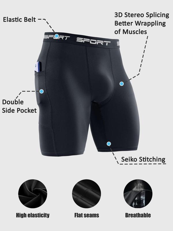 Men's Letter Tape Pocket Sports Shorts, Quick Drying Breathable Compression Shorts, Sports Bottoms for Gym Workout Running Cycling