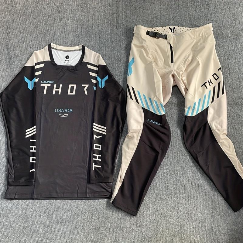 2025 Thor Motorcycle Racing Gear Set - Black Polyester Jersey and Pants Combo for Adult Off-Road Motorcycle Sports Clothing