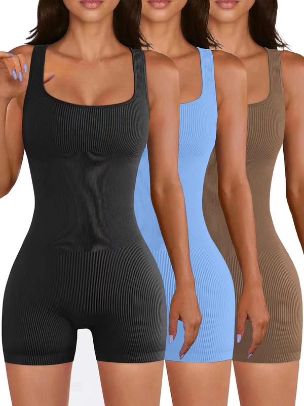 Women's Scoop Neck Sports Bodysuit, Sports Sleeveless Ribbed Romper, Summer Clothes Women, Ladies Summer Sportswear, Tummy Control