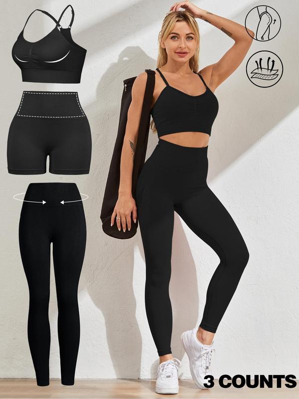 Three-Piece Set Women's Tracksuit Set, Sporty Casual Adjustable Strap Ruched Crop Top & High Waist Leggings & Skinny Shorts for Gym Workout Running, Ladies Sportswear for All Seasons