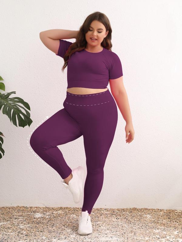 Plus Size Solid Round Neck Raglan Sleeve Crop Top & High Waist Leggings Tracksuit Set, Sporty Breathable Outfits for Yoga Gym Workout Running,  Jogging Suit Set, Women's Sportswear for All Seasons