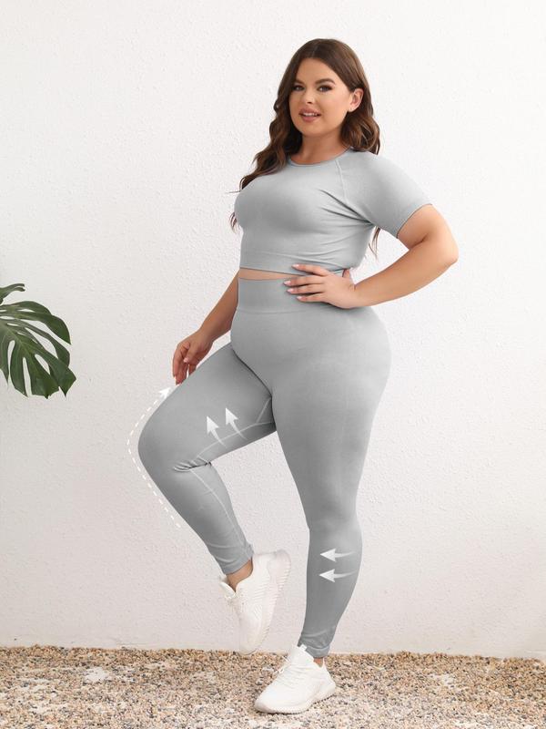 Plus Size Solid Round Neck Raglan Sleeve Crop Top & High Waist Leggings Tracksuit Set, Sporty Breathable Outfits for Yoga Gym Workout Running,  Jogging Suit Set, Women's Sportswear for All Seasons