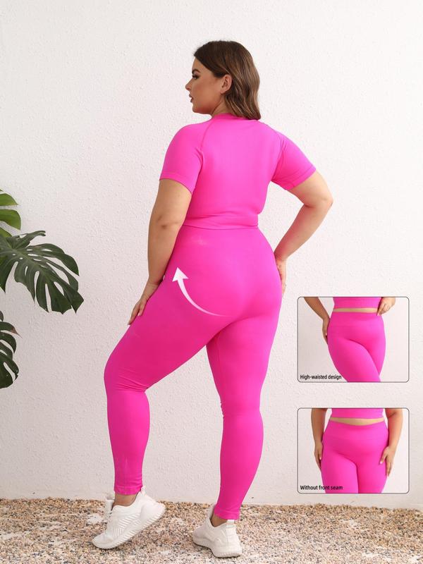 Plus Size Solid Round Neck Raglan Sleeve Crop Top & High Waist Leggings Tracksuit Set, Sporty Breathable Outfits for Yoga Gym Workout Running,  Jogging Suit Set, Women's Sportswear for All Seasons