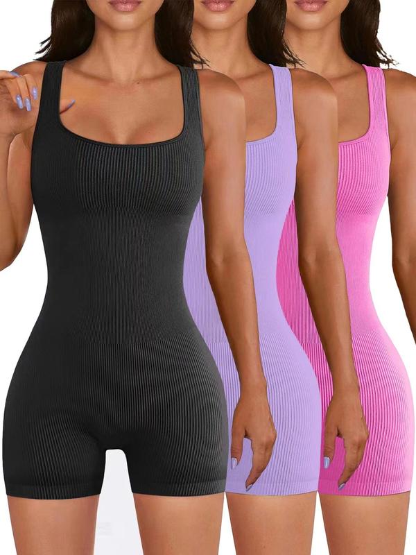 Women's Scoop Neck Sports Bodysuit, Sports Sleeveless Ribbed Romper, Summer Clothes Women, Ladies Summer Sportswear, Tummy Control