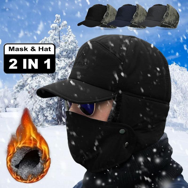 Men Winter 3 in 1 Thermal Fur Lined Trapper Hat with Ear Flap Full Face Warmer Cover Windproof Cycling Motorcycle Headwear