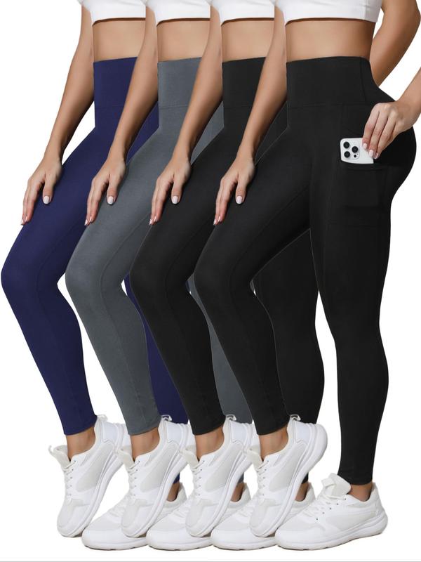 Women's Solid Color High Waist Sports Leggings, Casual Comfy Breathable Double Side Pockets  Design Skinny Pants for Yoga Gym Workout, Ladies Sportswear for Fall & Winter