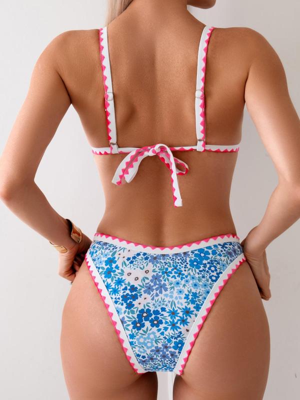 Two-Piece Set Women's Floral Print Bikini Set, Boho Adjustable Strap Tie Back Swim Bra & High Cut Swim Panty, Two-piece Swimsuit for Beach Holiday Vacation