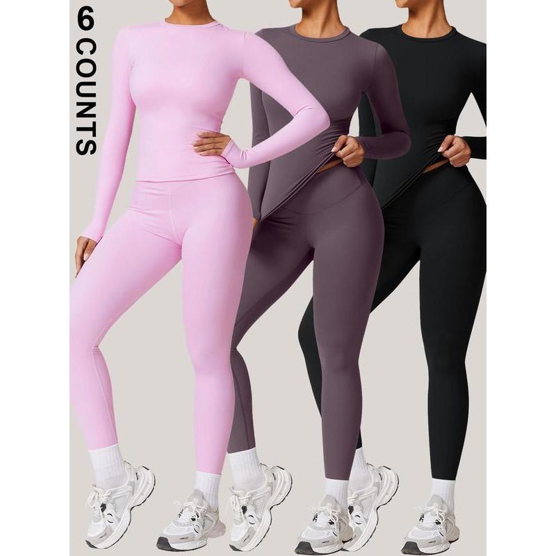 Two-piece Set Women's Solid Color Long Sleeve Round Neck Top & Leggings Tracksuit Set, Sporty Comfy Breathable Two-piece Outfits for Yoga Gym Workout Running, Ladies Sportswear for All Seasons