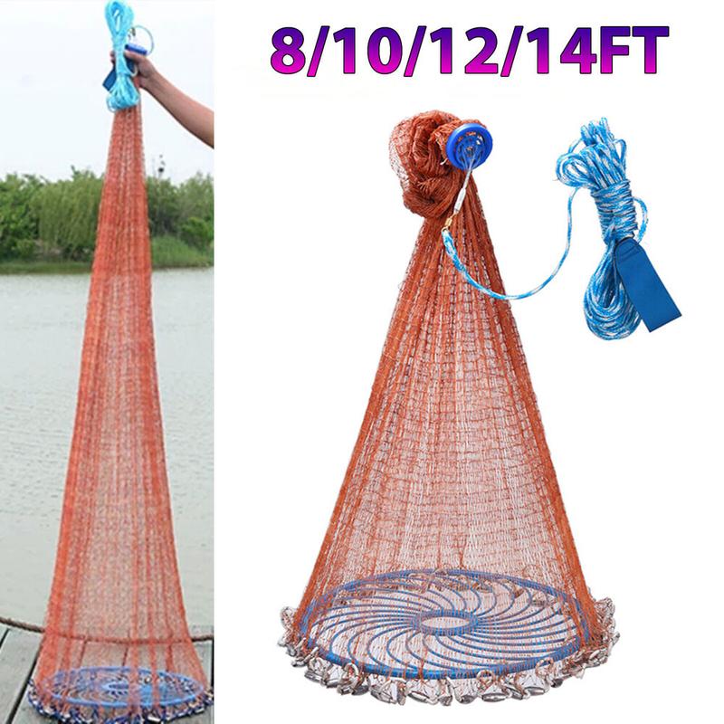 Versatile 8ft-14ft Fishing Cast Net with Sinker – Easy Throw Hand Cast Trap for Effective Fishing – Durable Tyre Flying Disc Design – Perfect for Freshwater Fishing Enthusiasts