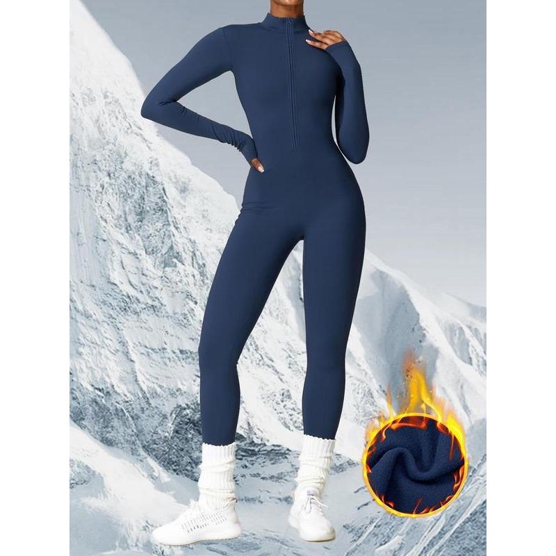 Women's Solid Zip Up Skiing Jumpsuit, Casual Sporty Long Sleeve Jumpsuit for Skiing Cycling,  Jumpsuit for Women, Ladies Sportswear for Fall & Winter 90s Clothes