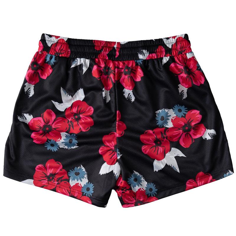 Kill Crew Muay Thai Shorts - Floral - Black, Unisex, Mid Thigh Cut, Pockets, Gym Shorts, Elastic Waistband, Long drawcord with wax tips