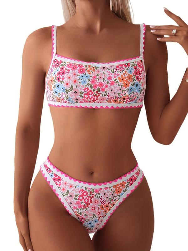 Two-Piece Set Women's Floral Print Bikini Set, Boho Adjustable Strap Tie Back Swim Bra & High Cut Swim Panty, Two-piece Swimsuit for Beach Holiday Vacation