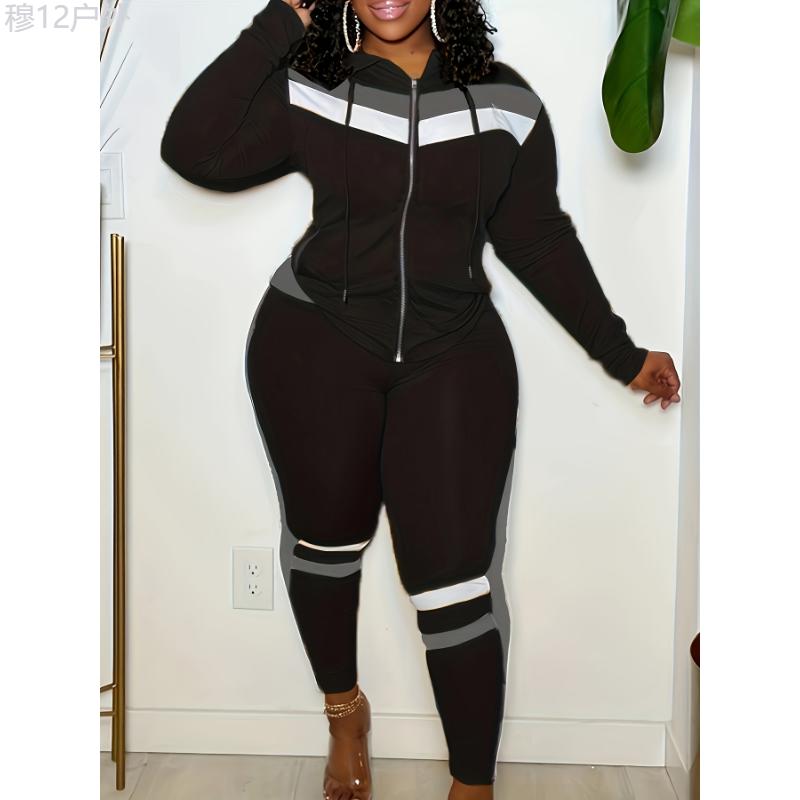 Plus Size Sporty Outfits Set - Vibrant Stripe Print Long Sleeve Hooded Drawstring Zipper Coat & Comfortable Leggings Outfits Two Piece Set for Women with Plus Size Figures