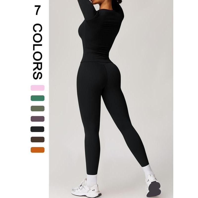 Two-piece Set Women's Solid Color Long Sleeve Round Neck Top & Leggings Tracksuit Set, Sporty Comfy Breathable Two-piece Outfits for Yoga Gym Workout Running, Ladies Sportswear for All Seasons