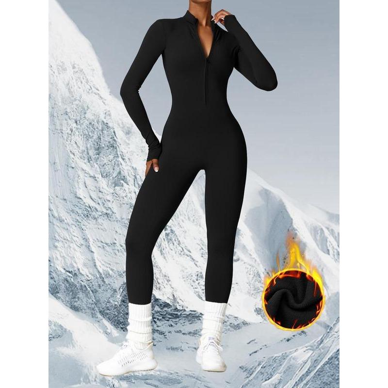 Women's Solid Zip Up Skiing Jumpsuit, Casual Sporty Long Sleeve Jumpsuit for Skiing Cycling,  Jumpsuit for Women, Ladies Sportswear for Fall & Winter 90s Clothes