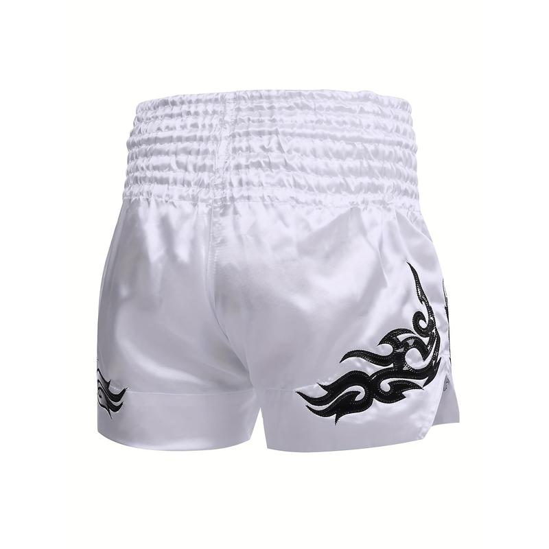 Men's Embroidery Pattern Boxing Shorts, Active Elastic Waist Sports Trunks For Boxing Workout Fighting Training