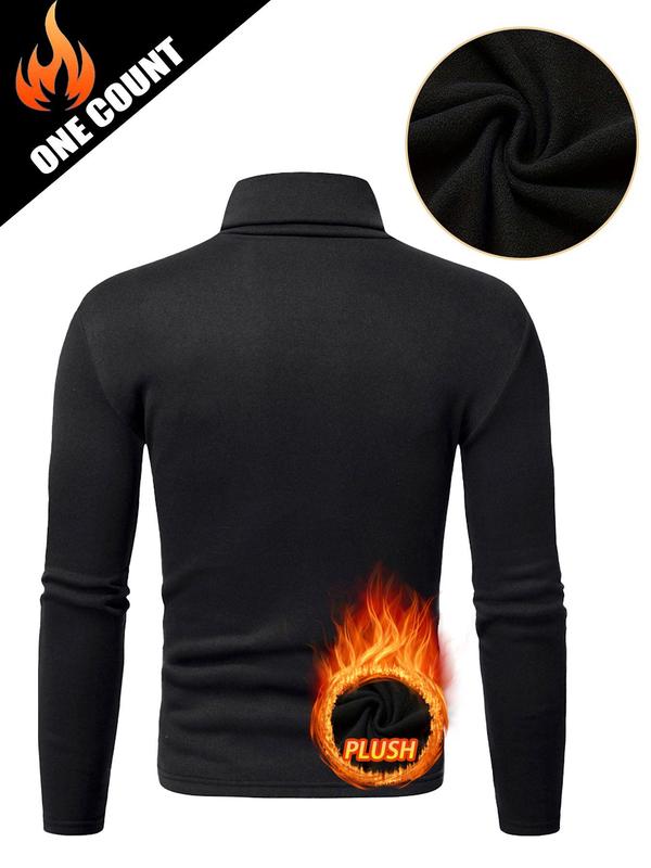 Men's Solid Long Sleeve Turtle Neck Sports Tee, Sporty Thermal Underwear Top, Men's Sportswear Clothing for Indoor Outdoor Wear