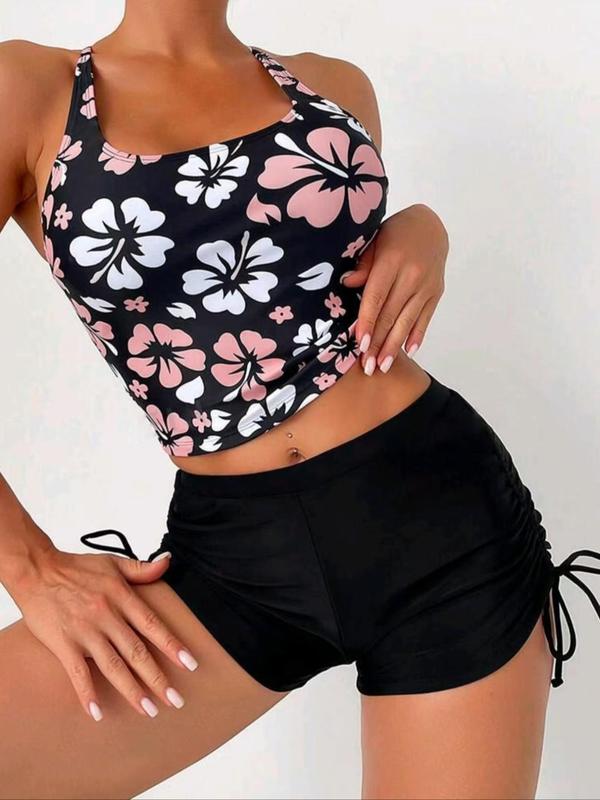 Two-Piece Set Women's Floral Print Halter Neck Tankini Set, Boho Sleeveless O-Ring Tankini Top & Plain Drawstring Swim Shorts, Ladies Summer Swimwear for Beach Holiday Vacation