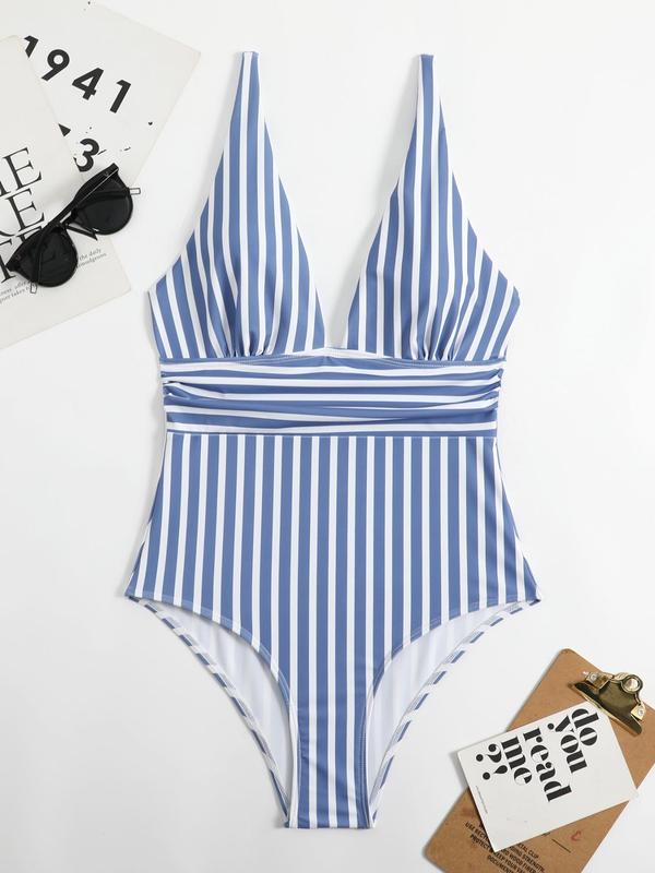 Women's Striped Print V Neck Backless Back To School Swimsuit, Bathing Suits 2024, Casual Adjustable Strap Sleeveless Tummy Control Swimwear for Summer, Gym Clothes, Summer Outfits, Tight Ladies Swimsuit for Beach Holiday Vacation