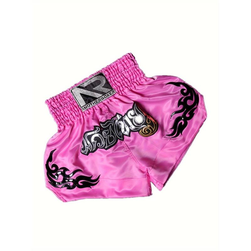 Men's Embroidery Pattern Boxing Shorts, Active Elastic Waist Sports Trunks For Boxing Workout Fighting Training