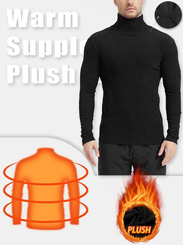 Men's Solid Long Sleeve Turtle Neck Sports Tee, Sporty Thermal Underwear Top, Men's Sportswear Clothing for Indoor Outdoor Wear