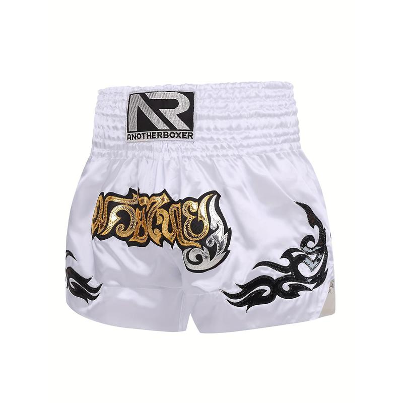 Men's Embroidery Pattern Boxing Shorts, Active Elastic Waist Sports Trunks For Boxing Workout Fighting Training