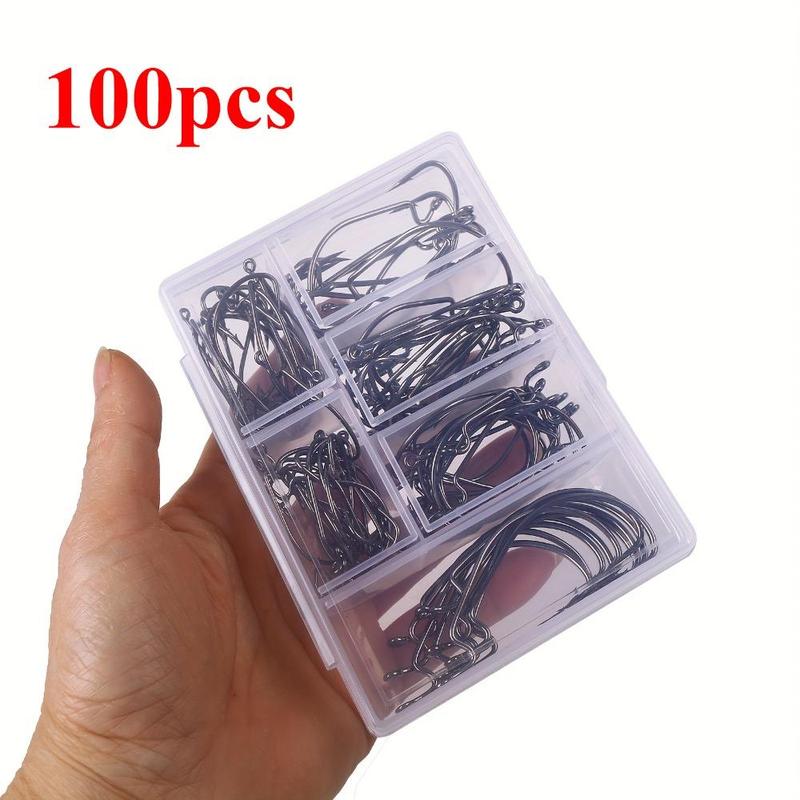 Fishing Hook Set, 100pcs box Wide Body Carbon Steel Curved Shank Hook, Hook Tip Sharp Suitable for Soft Bait Fishing