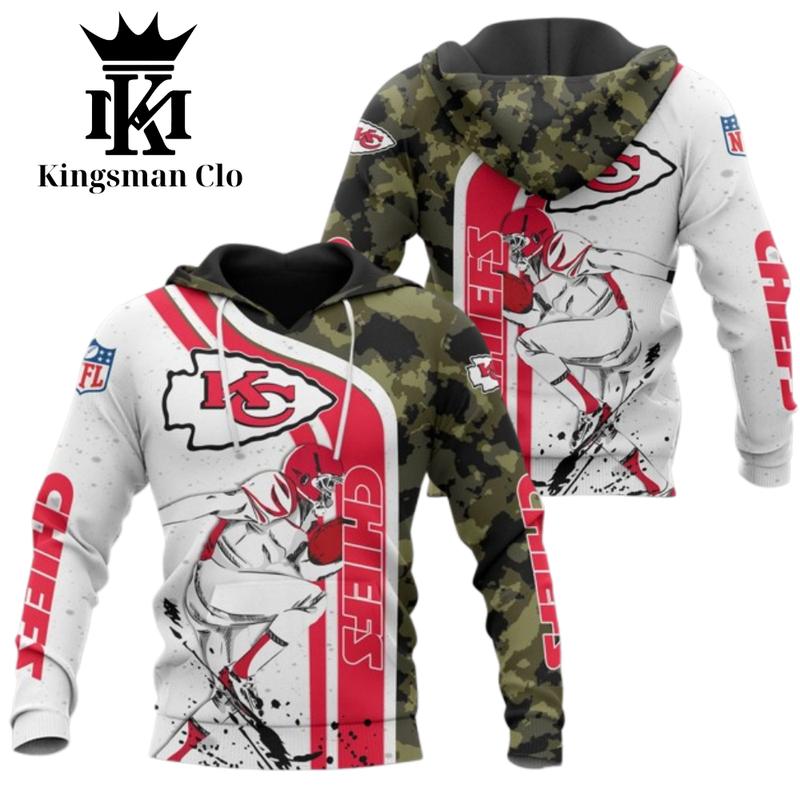 KCChiefs White Red Camo Hoodie, Men's Sports Hoodie, Zip Up Hoodie for Men, Men's Sports Outerwear, Zipper Sweatshirt for Men, Sports Hooded Zipper Jacket for Men. Print