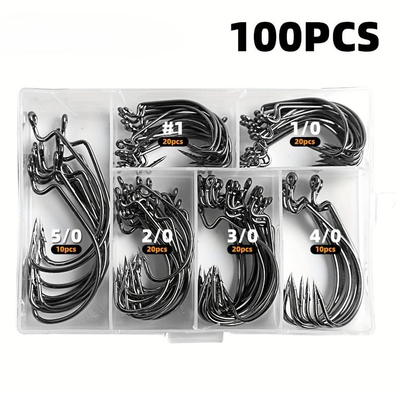 Fishing Hook Set, 100pcs box Wide Body Carbon Steel Curved Shank Hook, Hook Tip Sharp Suitable for Soft Bait Fishing