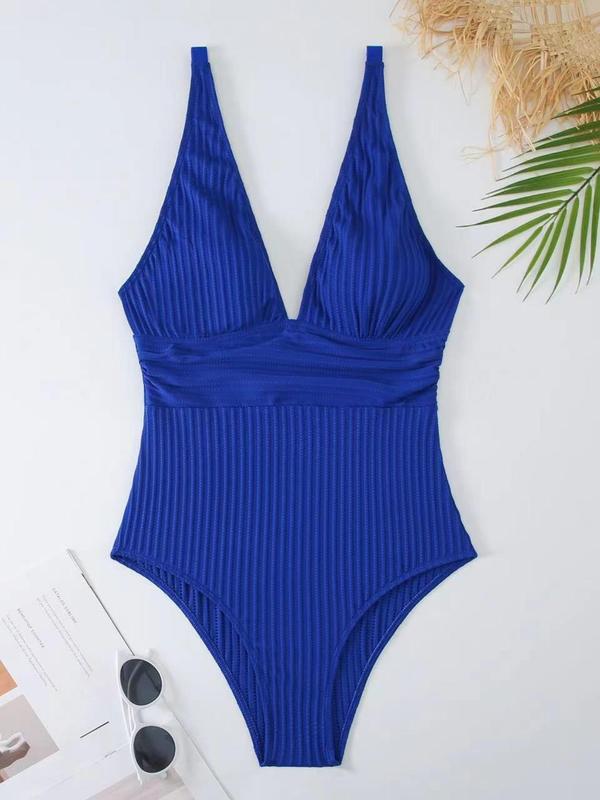 Women's Solid Deep V Neck One-piece Swimsuit, Summer Adjustable Strap Tummy Control Swimwear, Bathing Suits 2024 for Women