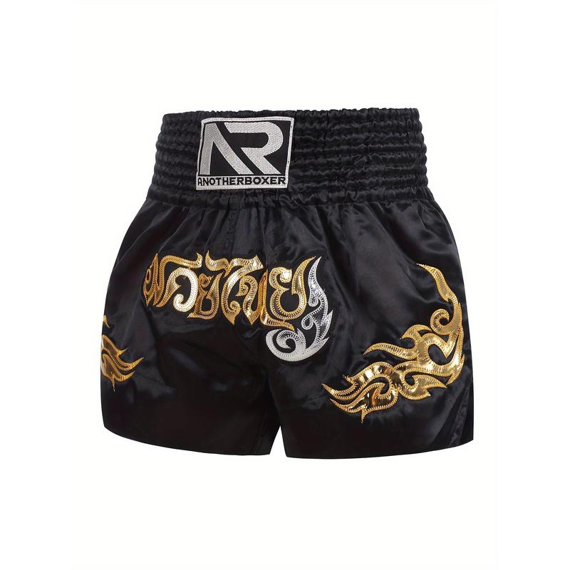 Men's Embroidery Pattern Boxing Shorts, Active Elastic Waist Sports Trunks For Boxing Workout Fighting Training